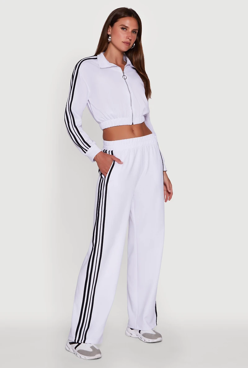 Womens Contrast Trim Wide Leg Track Pants, White, Size L