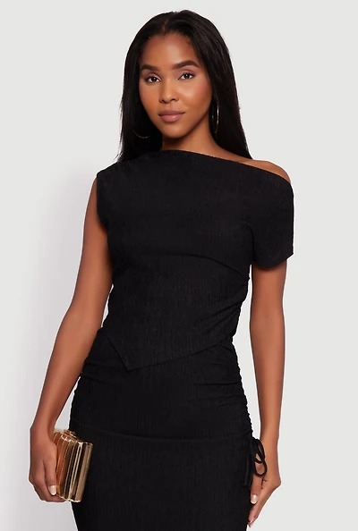 Womens Trendy Solid One Shoulder Textured Knit Blouse, M