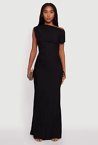 Womens Trendy Solid One Shoulder Textured Knit Blouse, Black,