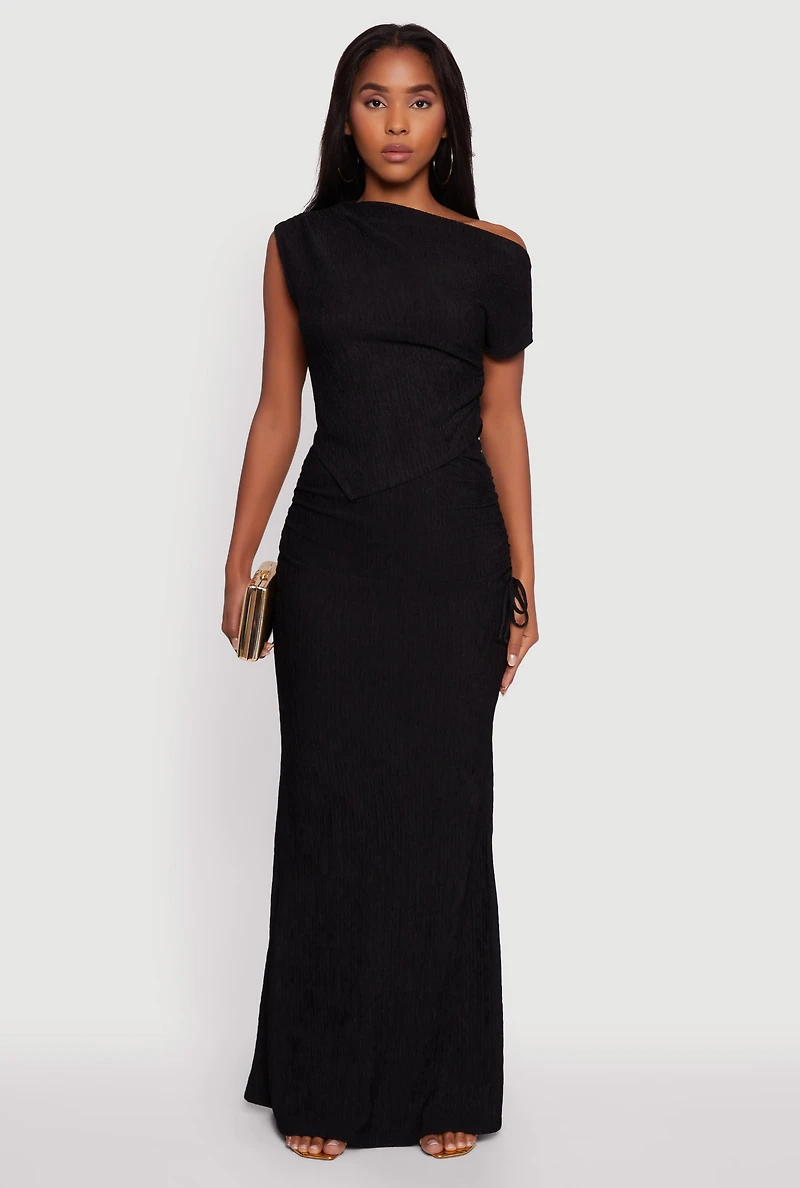 Womens Trendy Solid One Shoulder Textured Knit Blouse, Black, Size M