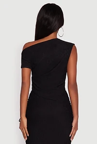 Womens Trendy Solid One Shoulder Textured Knit Blouse, Black,