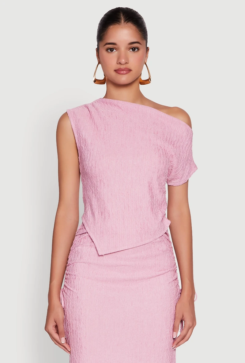 Womens Trendy Solid One Shoulder Textured Knit Blouse, Pink, Size M