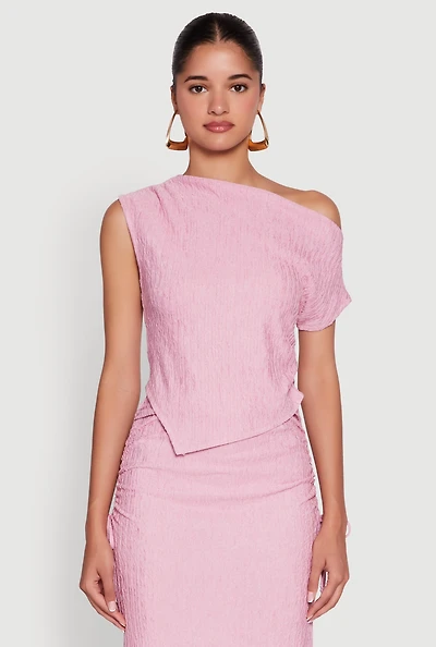Womens Trendy Solid One Shoulder Textured Knit Blouse, Pink, Size M