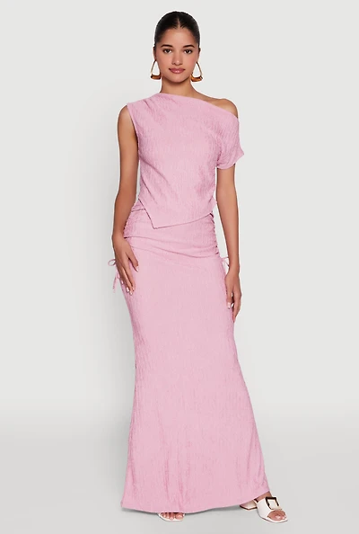 Womens Trendy Solid Textured Knit High Waisted Maxi Skirt, Pink,