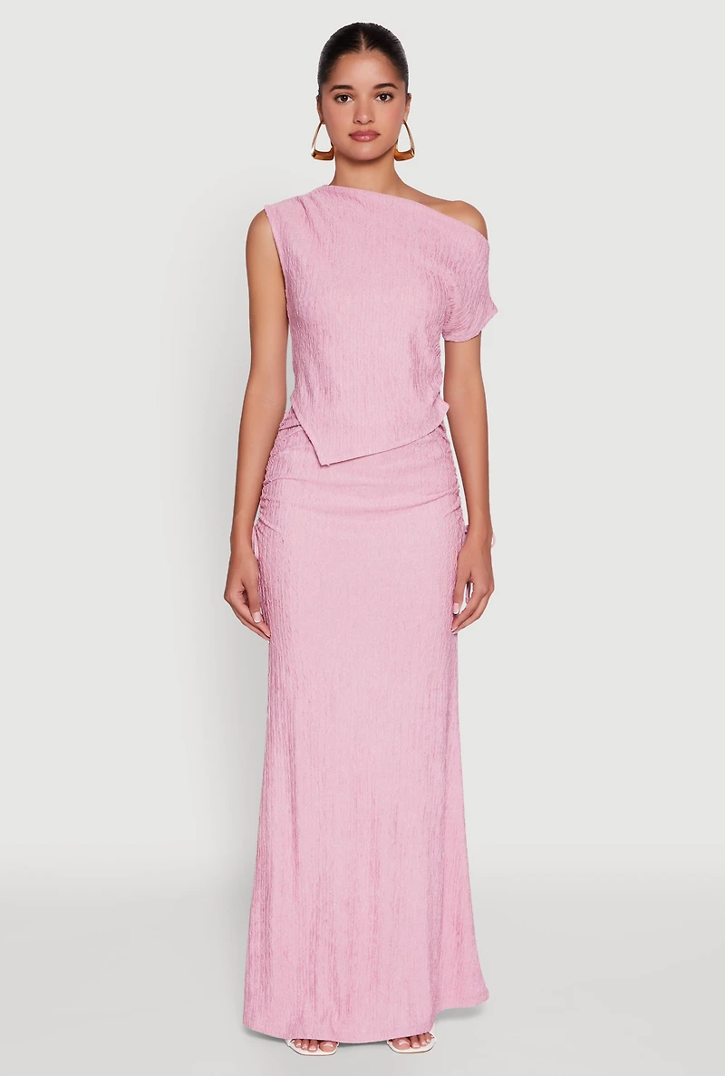 Womens Trendy Solid Textured Knit High Waisted Maxi Skirt, Pink, Size L