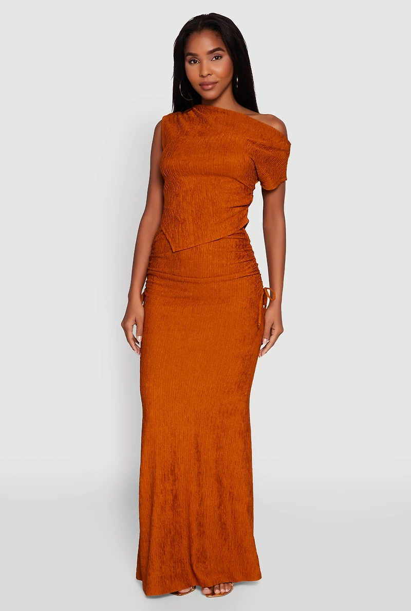 Womens Trendy Solid Textured Knit High Waisted Maxi Skirt, Orange, Size S