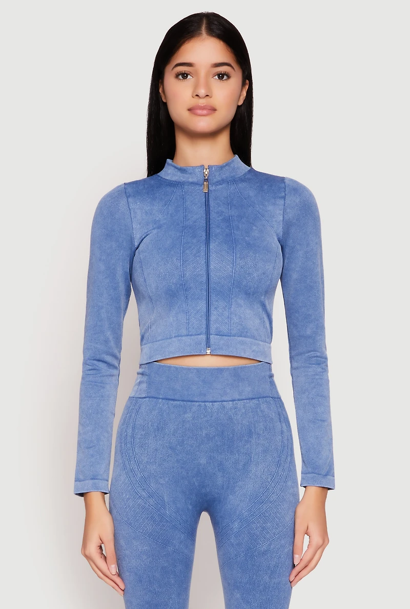 Womens Seamless Mineral Wash Track Jacket, Blue, Size M-L