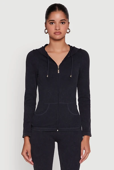 Womens Seamless Acid Wash Zip Front Hooded Sweatshirt, Black, Size M-L