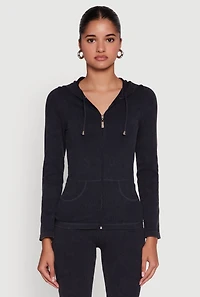 Womens Seamless Acid Wash Zip Front Hooded Sweatshirt, Black, Size M-L