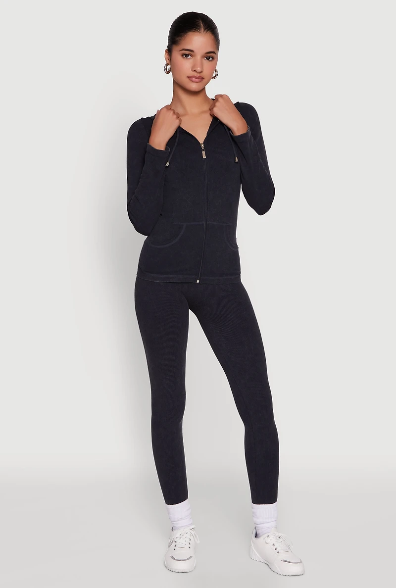 Womens Seamless Acid Wash Zip Front Hooded Sweatshirt, Black, Size M-L