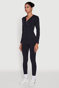 Womens Seamless Acid Wash Zip Front Hooded Sweatshirt, Black, Size M-L