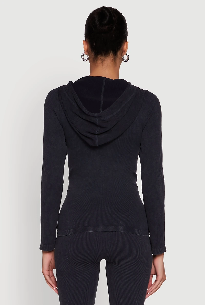 Womens Seamless Acid Wash Zip Front Hooded Sweatshirt, Black, Size M-L
