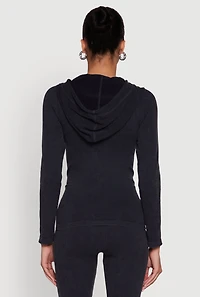 Womens Seamless Acid Wash Zip Front Hooded Sweatshirt, Black, Size M-L