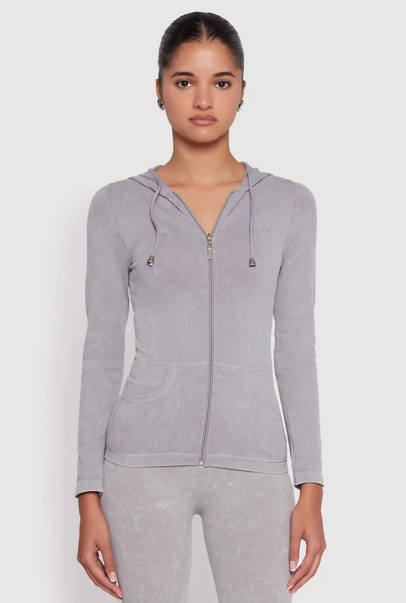 Womens Seamless Acid Wash Zip Front Hooded Sweatshirt, Grey, Size S-M