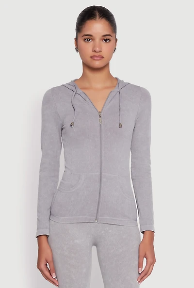 Womens Seamless Acid Wash Zip Front Hooded Sweatshirt, Grey, Size S-M