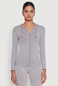 Womens Seamless Acid Wash Zip Front Hooded Sweatshirt, Grey, Size S-M