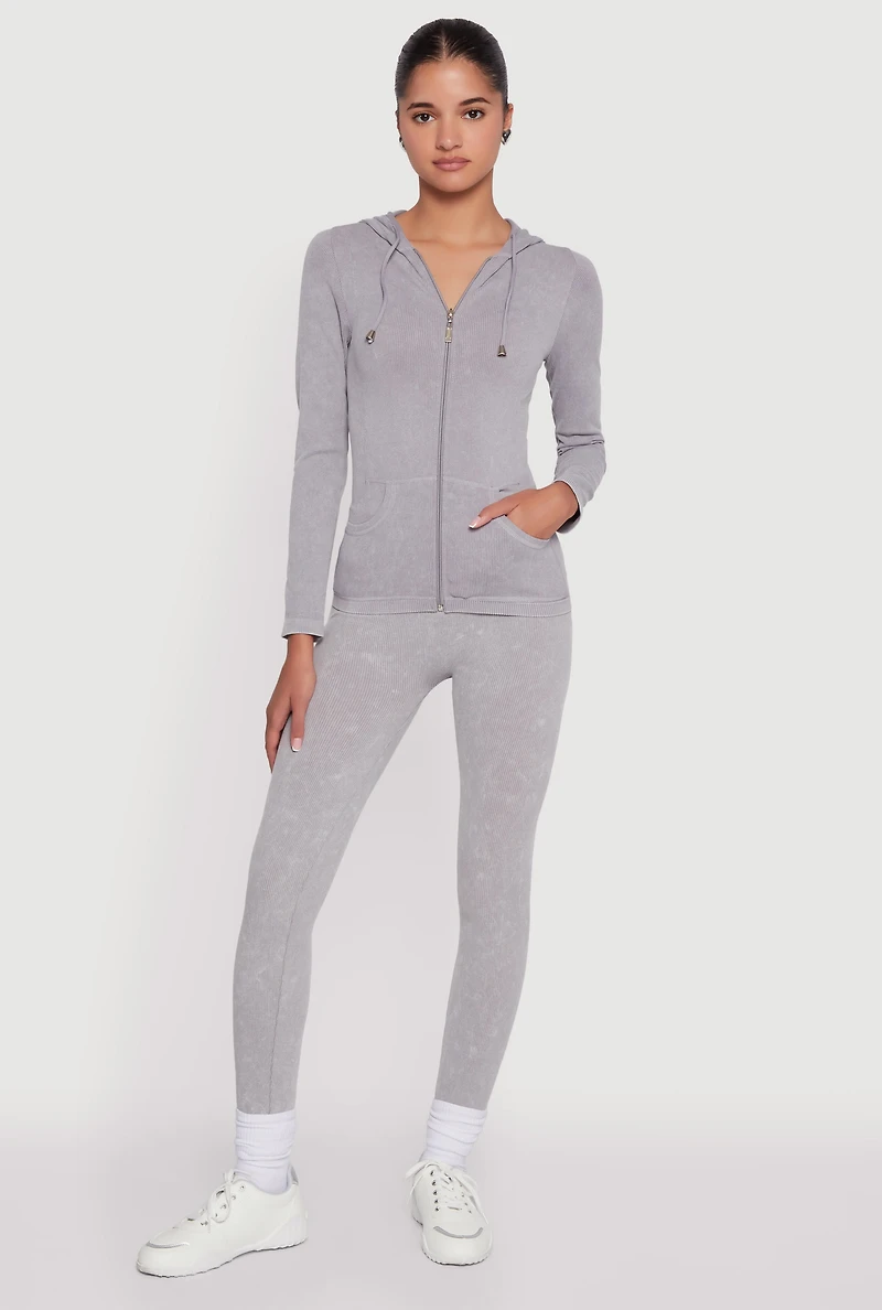 Womens Seamless Acid Wash Zip Front Hooded Sweatshirt, Grey, Size S-M