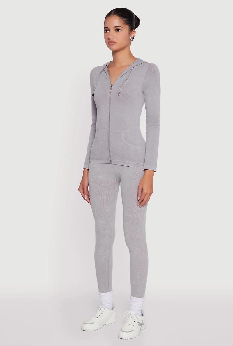 Womens Seamless Acid Wash Zip Front Hooded Sweatshirt, Grey, Size S-M