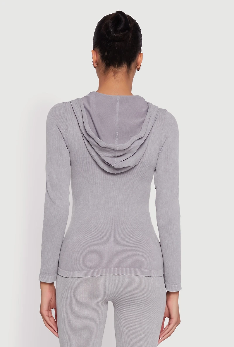 Womens Seamless Acid Wash Zip Front Hooded Sweatshirt, Grey, Size S-M