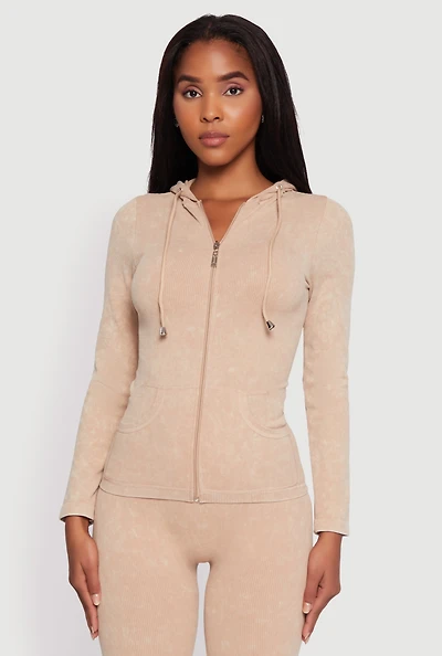Womens Seamless Acid Wash Zip Front Hooded Sweatshirt, Beige, Size S-M
