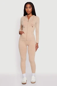 Womens Seamless Acid Wash Zip Front Hooded Sweatshirt, Beige,