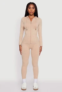 Womens Seamless Acid Wash Zip Front Hooded Sweatshirt, Beige, Size S-M