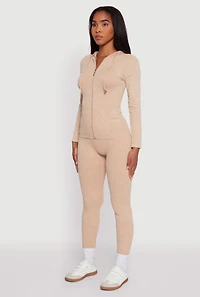 Womens Seamless Acid Wash Zip Front Hooded Sweatshirt, Beige, Size S-M