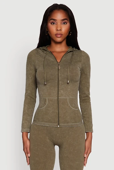 Womens Seamless Acid Wash Zip Front Hooded Sweatshirt, Green, Size S-M