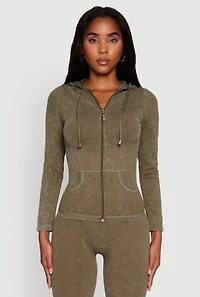 Womens Seamless Acid Wash Zip Front Hooded Sweatshirt, Green, Size S-M