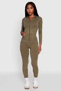 Womens Seamless Acid Wash Zip Front Hooded Sweatshirt, Green, Size S-M