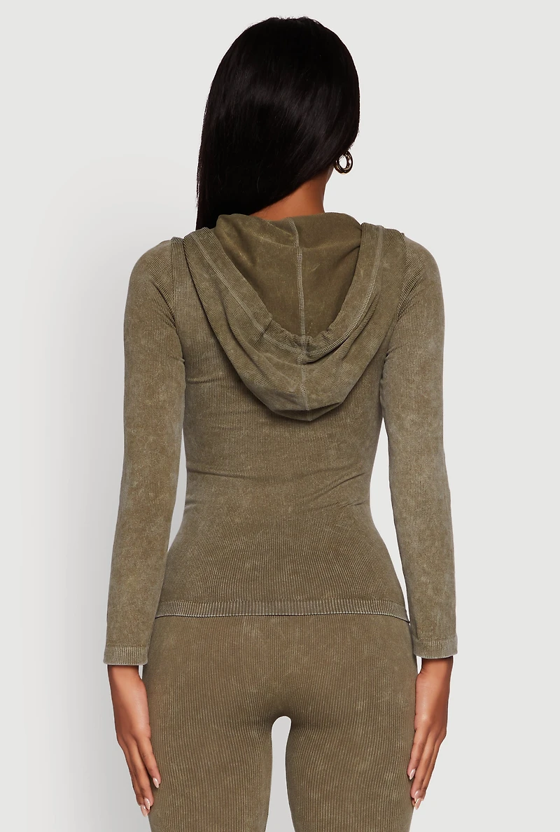 Womens Seamless Acid Wash Zip Front Hooded Sweatshirt, Green, Size S-M