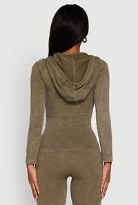 Womens Seamless Acid Wash Zip Front Hooded Sweatshirt, Green, Size S-M