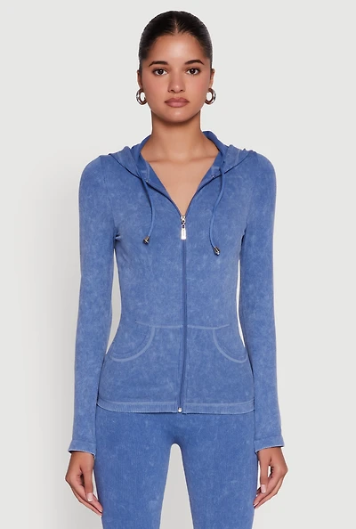 Womens Seamless Acid Wash Zip Front Hooded Sweatshirt,