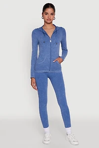 Womens Seamless Acid Wash Zip Front Hooded Sweatshirt,