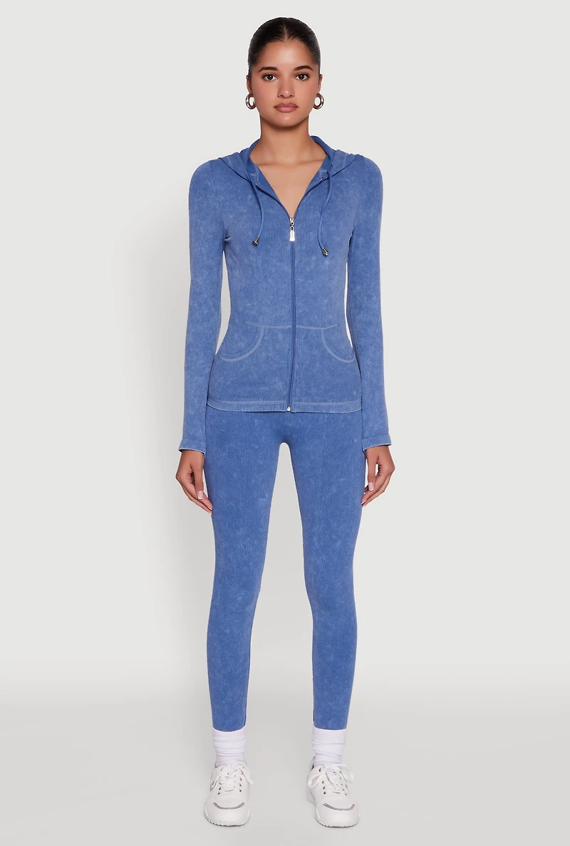 Womens Seamless Acid Wash Zip Front Hooded Sweatshirt, Blue, Size S-M