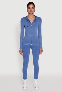 Womens Seamless Acid Wash Zip Front Hooded Sweatshirt, Blue, Size S-M