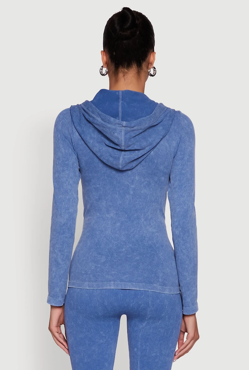 Womens Seamless Acid Wash Zip Front Hooded Sweatshirt, Blue, Size S-M