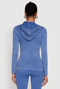 Womens Seamless Acid Wash Zip Front Hooded Sweatshirt, Blue, Size S-M