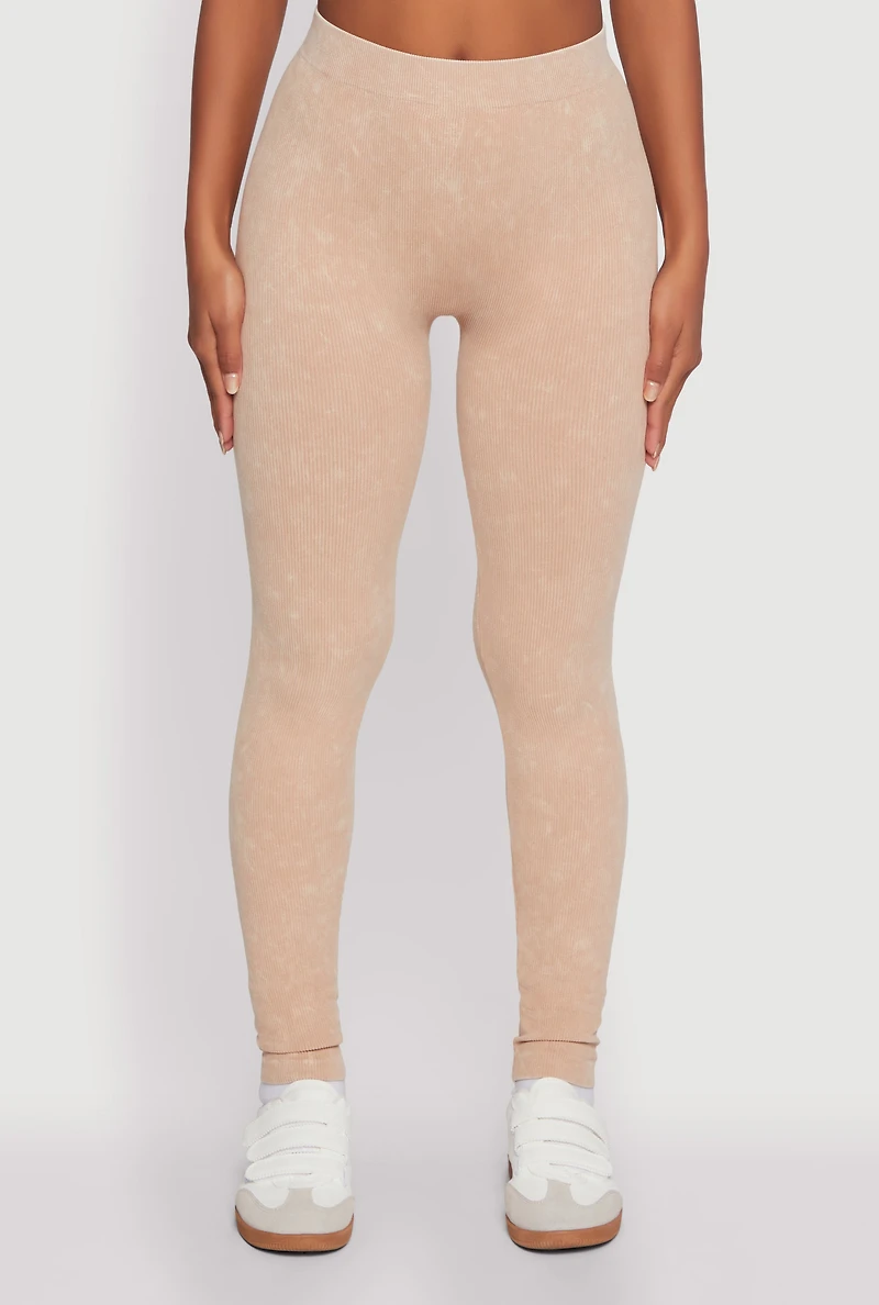 Womens Seamless Rib Knit Acid Wash Leggings, S-M