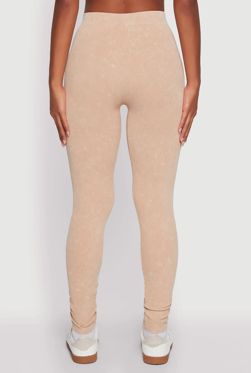 Womens Seamless Rib Knit Acid Wash Leggings, S-M