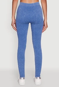 Womens Seamless Rib Knit Acid Wash Leggings, Blue, Size S-M