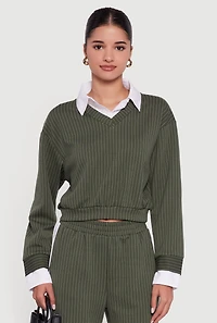 Womens Pinstripe Ponte Layered Look Crop Top, Green, Size S
