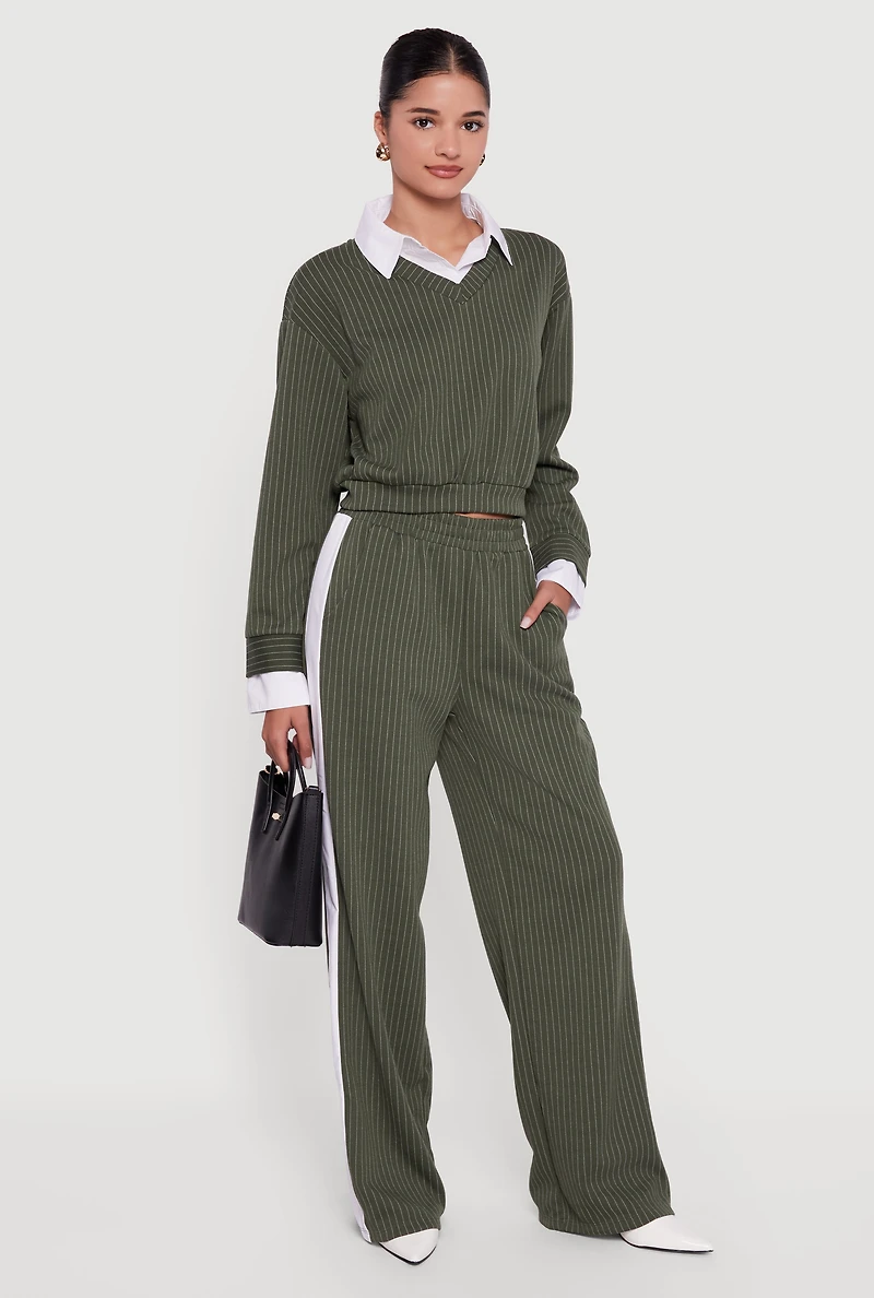 Womens Pinstripe Ponte Layered Look Crop Top, Green, Size S