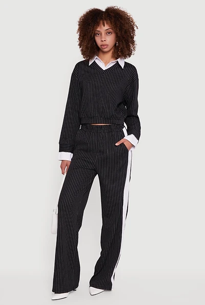 Womens Pinstripe Ponte Side Stripe Pull On Pants, Black, Size S