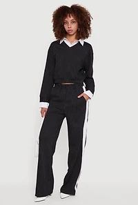 Womens Pinstripe Ponte Side Stripe Pull On Pants, Black, Size S