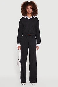 Womens Pinstripe Ponte Side Stripe Pull On Pants, Black, Size S
