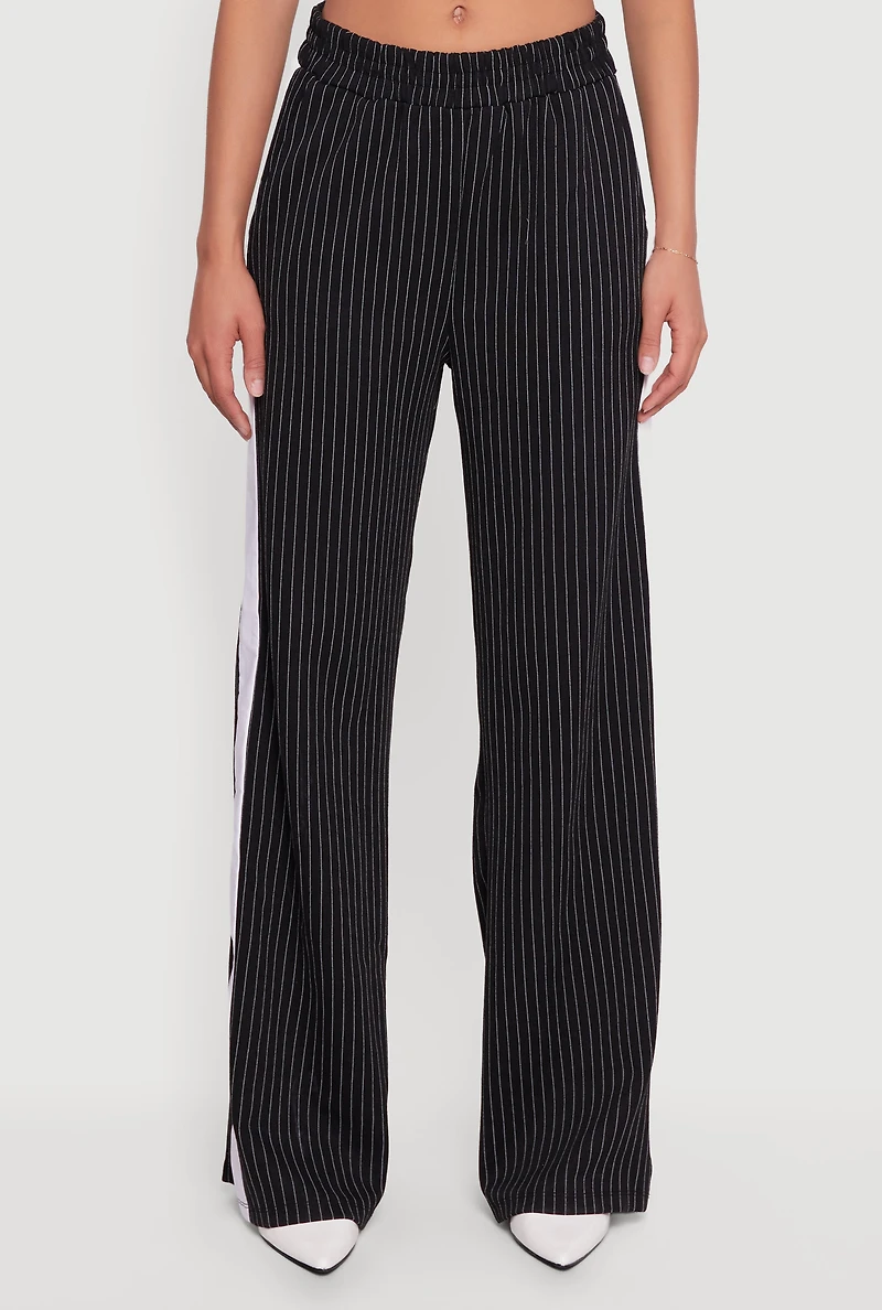 Womens Pinstripe Ponte Side Stripe Pull On Pants, Black, Size M