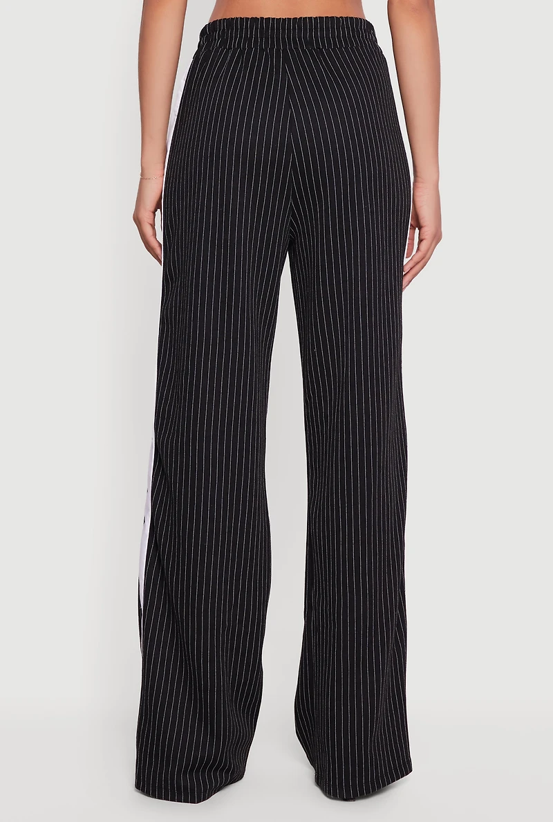 Womens Pinstripe Ponte Side Stripe Pull On Pants, Black, Size M