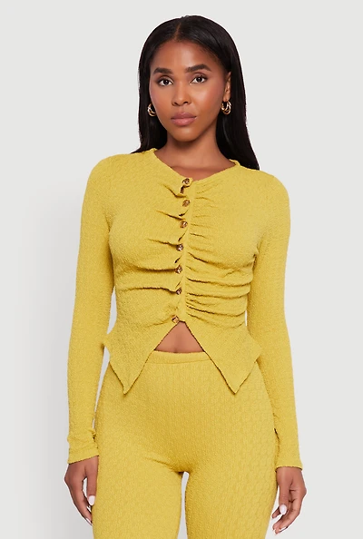 Womens Textured Knit Metallic Button Front Ruched Crop Top, Green,