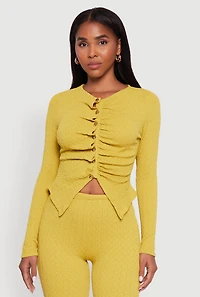 Womens Textured Knit Metallic Button Front Ruched Crop Top, Green, Size XL
